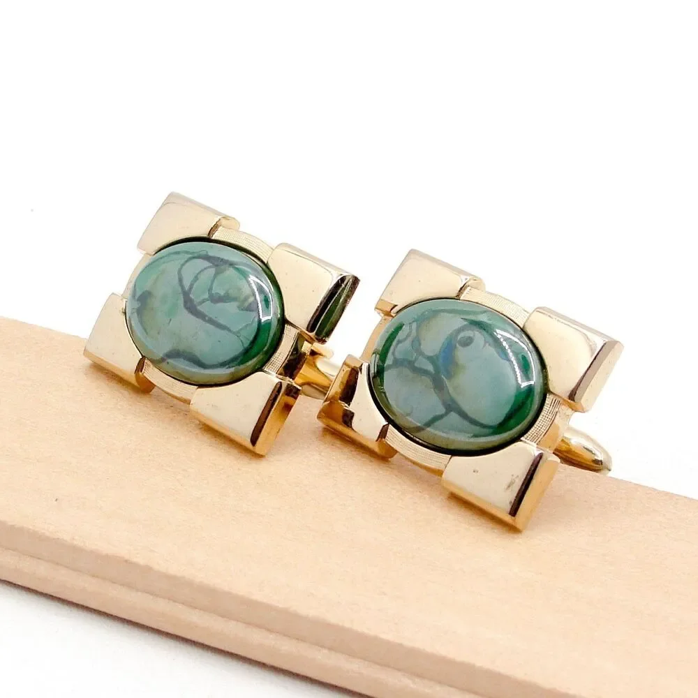 Vintage Hickok Cufflinks Gold Tone Green Slag Marbled Cabochon MCM Groom Formal
